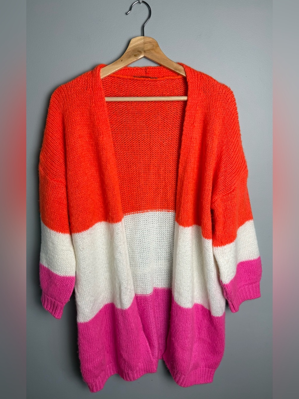 Colorblock Open-Front Women's Cardigan - Orange/White/Pink